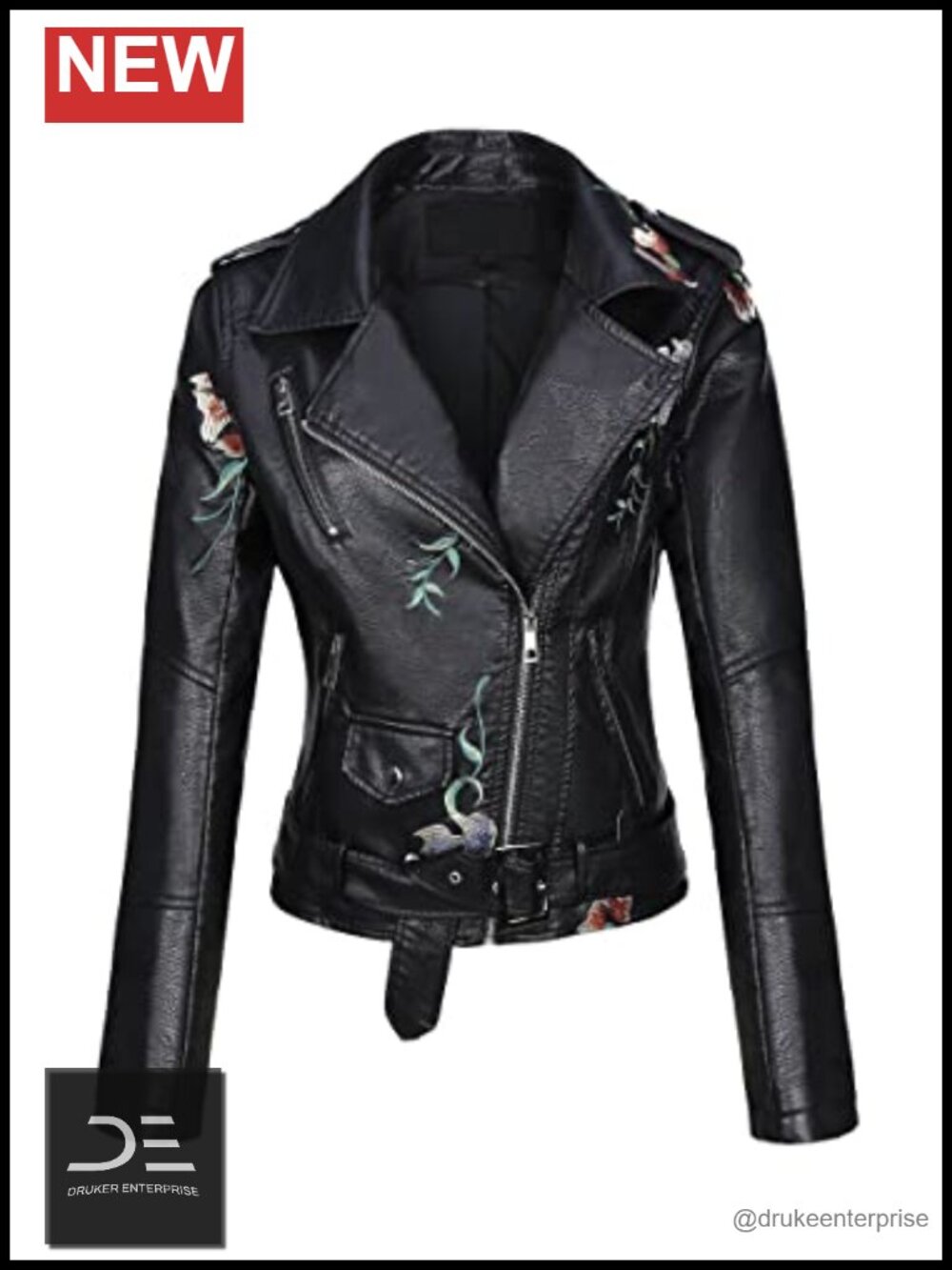 Faux Leather Floral Embroidered Moto Jacket Lightweight Moto Coat